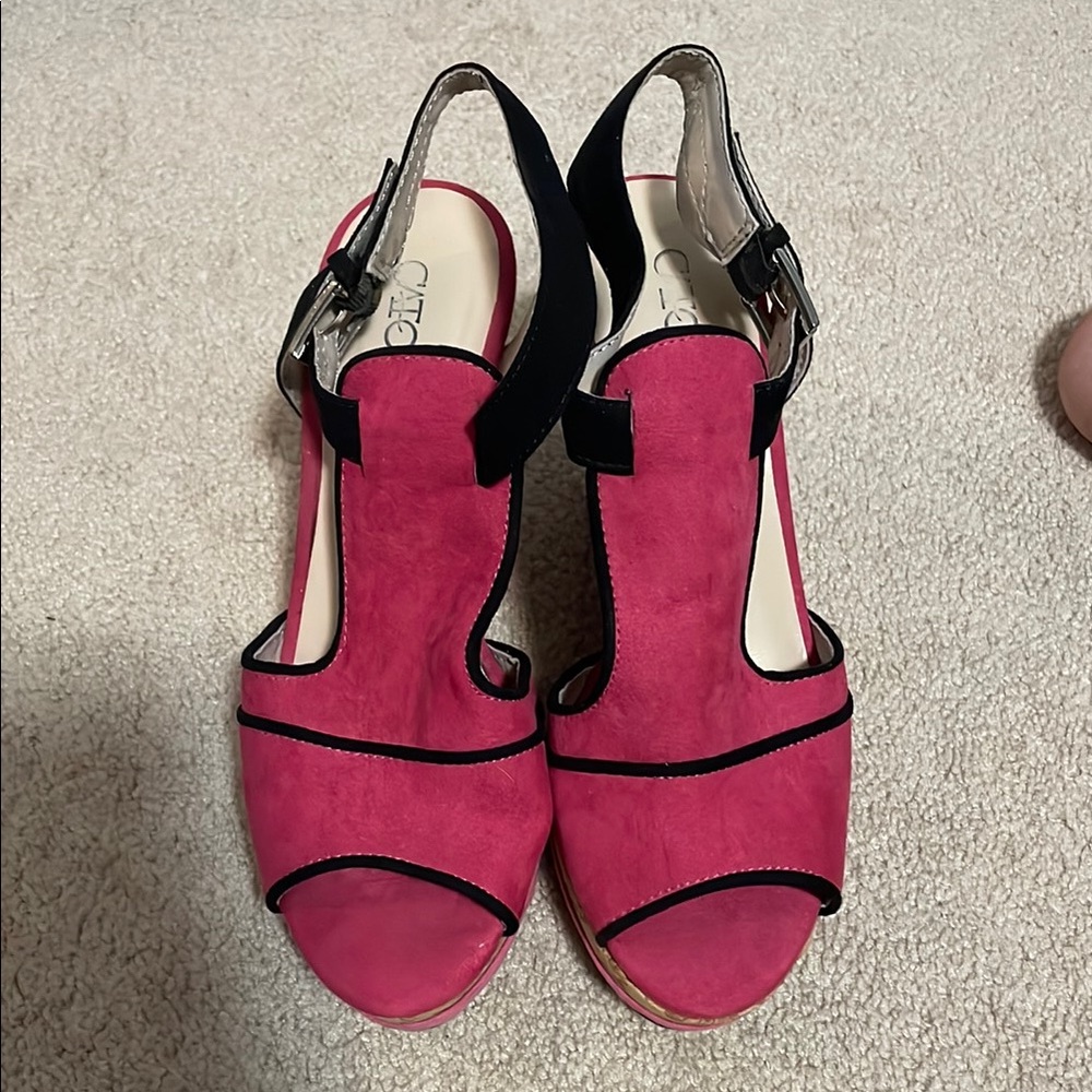 Cato Pink and Black Wedges with Adjustable Straps
